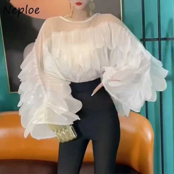 Neploe Korea Chic Mesh Ruffles Loose Women Clothing O Neck Celebrity Luxury All-match Trendy Tops Age Reduction Exquisite Shirt T260410