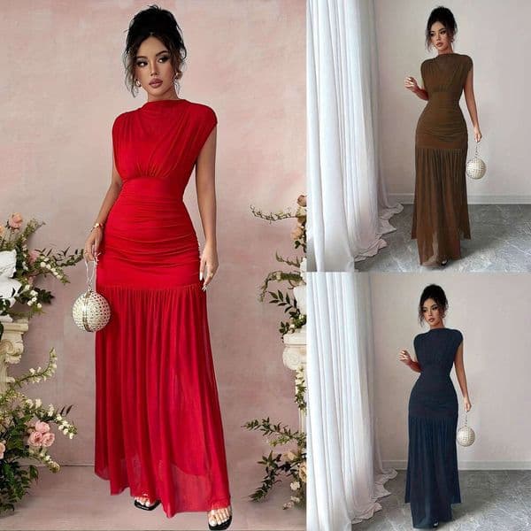2026 New Women's Red Boat Neck Sleeveless Sexy Hollow Mesh Pleated Long Dress For Foreign Trade evening dress