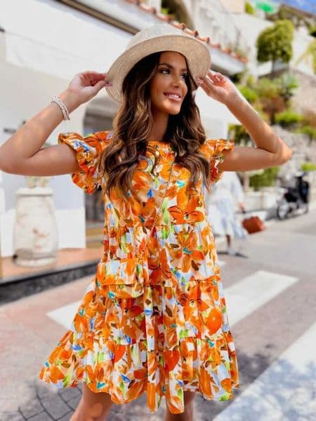 Fashion Women Summer Print A-Line Dress Patchwork Design Ruffles Decor O-Neck Flare Sleeve Mid Waist Slim Mini Dress H260411