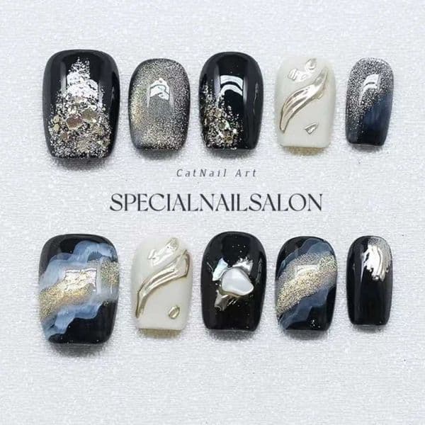 10Pcs Hand-drawn Smudging Black Press on Nails Set for Spice Girls Glitter Glossy Short Ballet Detachable Cool Finished Manicure X260411 X260411