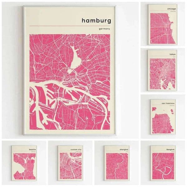 City Maps Posters and Prints Pink White Bangkok Hamburg Chicago San Francisco Tokyo Canvas Painting Dorm Office Home Decor 26Y0411