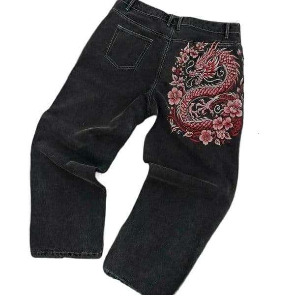 American Retro Hip-Hop Cherry Blossom Dragon Embroidery Baggy Jeans For Men and Women Y2K Gothic Hip-Hop Casual Street Wear 260408
