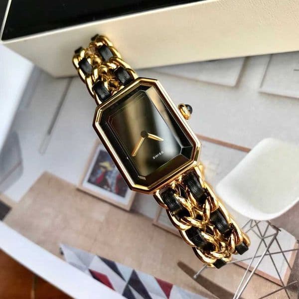 Luxury watches, high-quality watches Sugar Cube Braided Strap Womens Black Gold Vintage Style Watch486Y