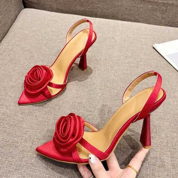 Liyke Summer Fashion Silk Rose Flowers Pointed Open Toe Back Strap Sandals Women Red High Heels Wedding Prom Shoes Zapatos Mujer Z260411