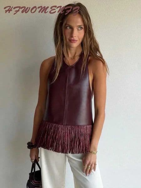 Faux Leather Fringe Ptachwork Halter Top Women Casual Solid Slveless Backless Female Tank 2026 Spring Summer Chic Lady Tops T260410