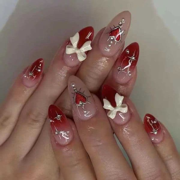 24Pcs Purple Artificial Nail Tips Art Shining Cat Eye Silver Bow Rhinestone Designs Medium Almond Fake Nails for Spice Girls Set X260411 X260411