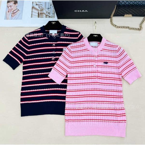 Women's Knits & Tees Designer High-end CH brand early spring new style color-blocked striped round-neck knitted short-sleeve half-button shirt CDEB