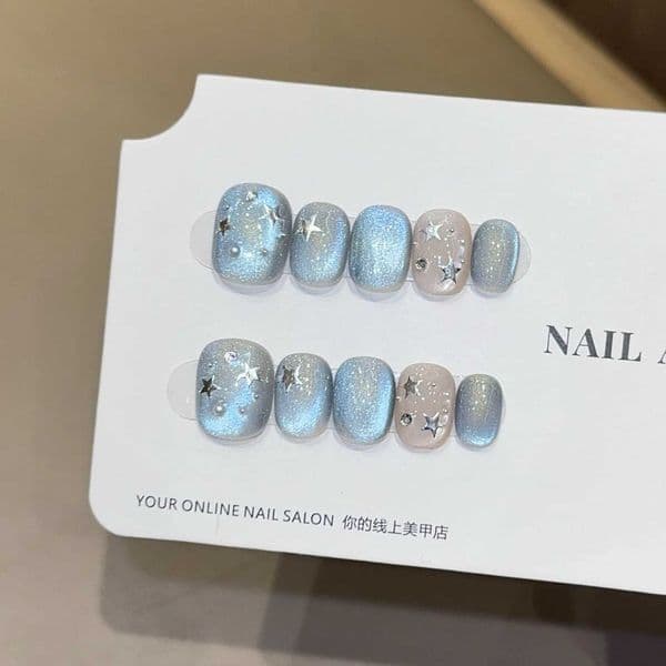 10Pcs Blue Cat Eye Nail Tips Full Cover Silver Stars Sweet Cool Short Handmade Nail Patch Removable False Nails for Spice Girls X260411 X260411