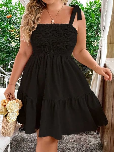 plus Size Ladies Solid Elastic Strap Butterfly Knot A-Line Halter Dress Vacation Gown Womens plus Size Clothing H260411