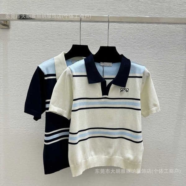 Women's Knits & Tees Designer High-end LO Early Spring New Style Color-blocked Striped Collar Knitted Short-sleeve Shirt UM2O