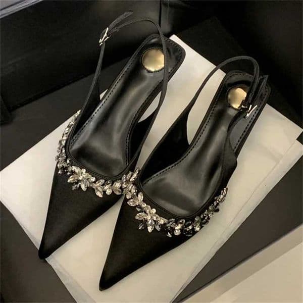 Eilyken Fashion Satin Crystal Slingbacks Women Pumps High Quality Buckle Strap Thin Low Heels Party Dress Mule Shoes Z260411