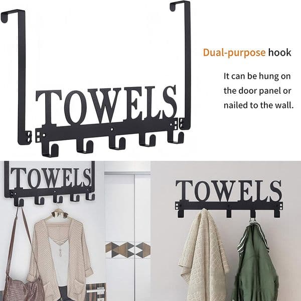 Stylish "TOWELS" Letter Over The Door Hook, Rustproof Metal Bathroom Organizer for Towels, Robes, Coats