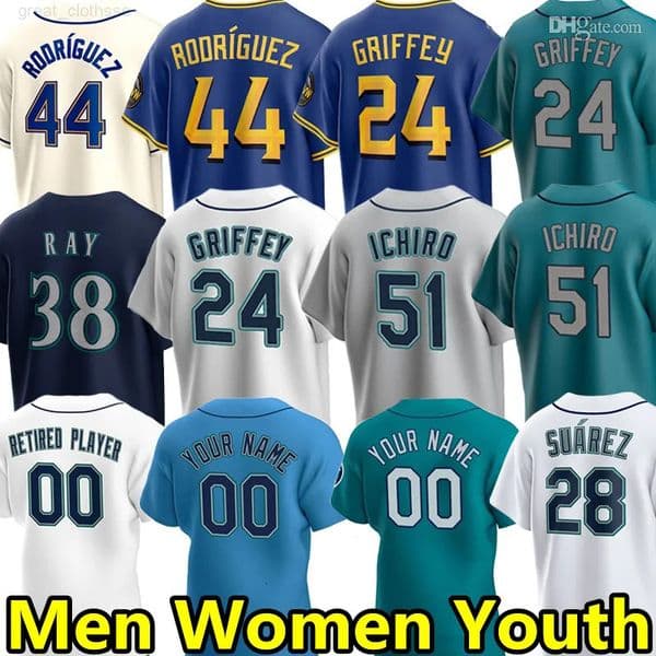 Mens Kids Womens Julio Rodriguez Baseball Jerseys Ken Griffey Jr Ichiro Suzuki Teoscar Hernandez Ty France Jarred Kelenic Robbie Ray Eugenio Suarez Men Jersey