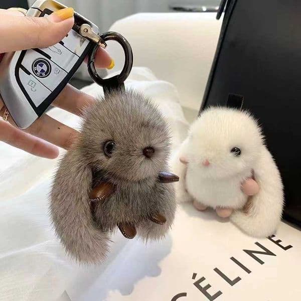 Trendy faux mink fur plush bunny handmade pendant high-end bag accessory car keychain gift S260411