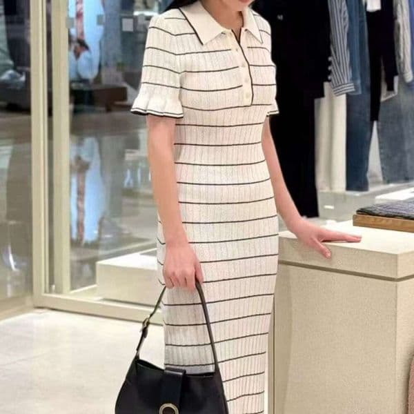 2026 Spring/Summer New Designer Women's Low Neck Short Sleeve A13 Striped Elegant Slimming Knitted Dress