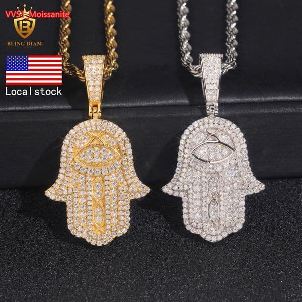 Iced Fatima Palm Pendant Charms 925 Sterling Silver Round Brilliant Cut Moissanite Pendant D VVS GRA Certified Fashion Pendants