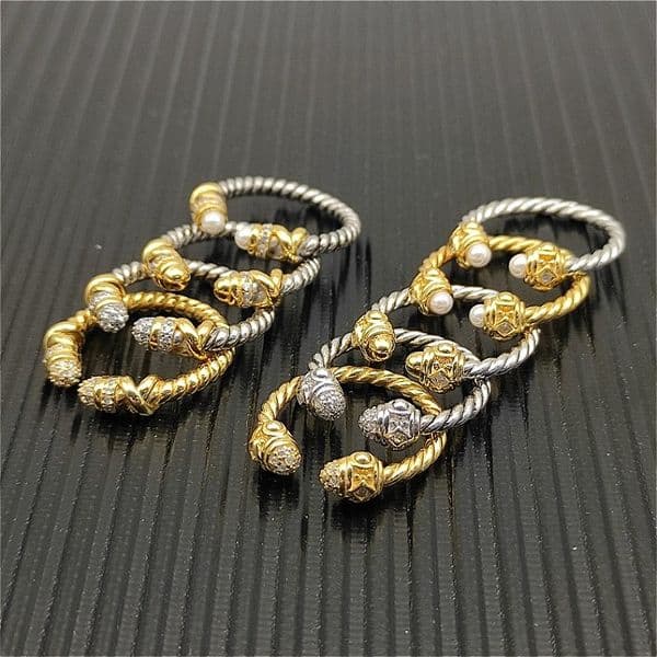 Vintage Designer Ring Twisted Cable Ring Open Cuff Braided Ring 925 Silver Ring with Pearl Diamond Multi Layer Stackable Ring Unisex Fashion Jewelry