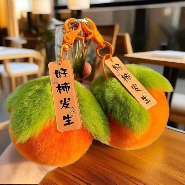 Rex Rabbit Fur Good Luck Charm Small Persimmon Car Keychain Plush Bag Decoration Keychain S260411