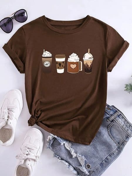 Coffee Lover Graphic Womens Tee Cute Cups Print Casual Brown Top 260410BJ