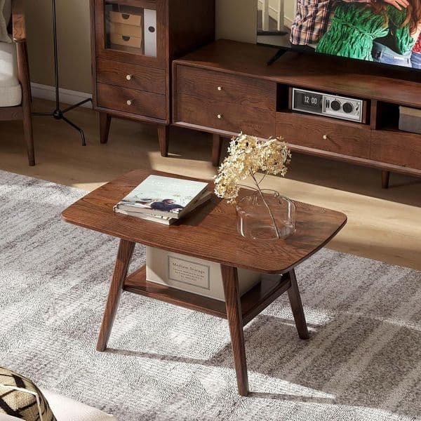 Living room 100% solid wood table, 31.5inch (approx. 80.0cm ) small shelf storage, mid-century modern storage coffee table with rounded corners (oak walnut