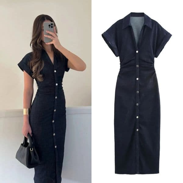 ETJ Spring 1975 series denim MIDI dress with lapel side zipper fashion wrinkle waist slim elegant dress 260410