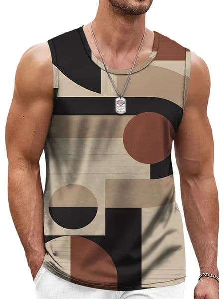 Mens Retro Geometric 3D Printed Tank Top Summer Casual Crew Neck Fashion Trend Sleeveless Vest Loose Breathable Sports Tops 260407BJ