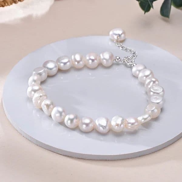 HENGSHENG Classics 925 Sterling Silver Freshwater 8-9mm White Pearl Baroque Bracelet Fine Jewelry Gifts for Women Girls 260409
