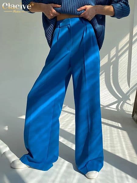 Clacive Blue Office WomenS Pants Fashion Loose Full Length Ladies Trousers Casual High Waist Wide Pants For Women 260410BJ