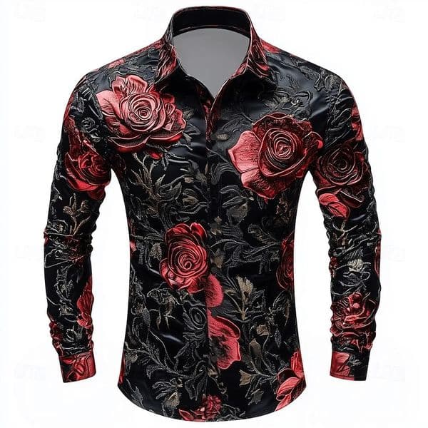 Hawaiian Shirt Rose Red Printed Mens Fashion Long Sleeve White Clothing 260331