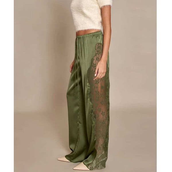 Casual Lace Satin Patchwork Pants Women Sexy S Through High Waist Lace Up Straight Trousers Spring Summer Lady Chic Trousers L260413