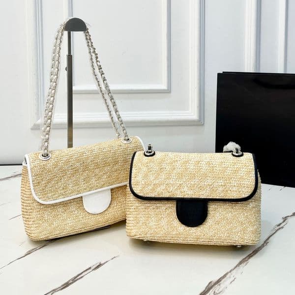 Handwoven Straw CF Style Flap Bag Women Raffia Woven Chain Shoulder Crossbody Bag Summer Beach Vacation Mini Handbag 20cm