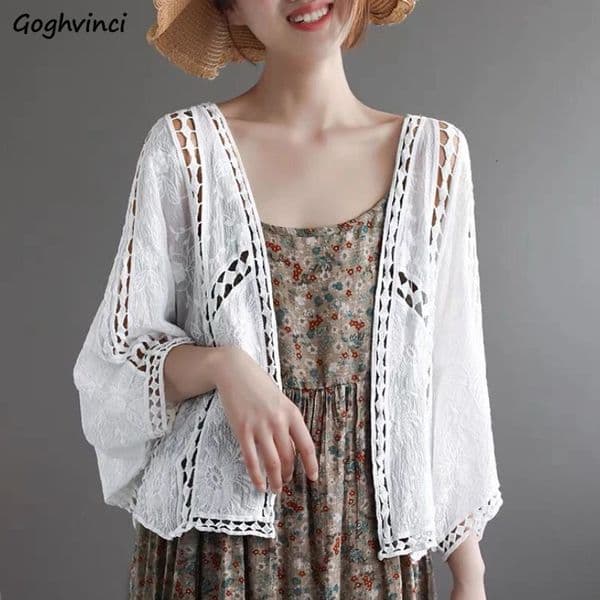 Knitted Cardigans Women Hollow Out Summer Thin Clothes Vintage Chic Graceful Sun-proof All-match Simple Aesthetic 6 Colors 260413BJ