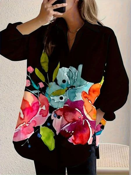2026 Casual Womens Blouse Watercolor Floral Print Button Down Soft Fabric Oversized Long Sleeve V Neck Shirt for Spring Summer 260410BJ