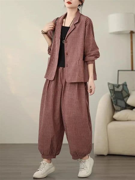 Retro Stripe Cotton And Linen Suit Womens Autumn Temperament Casual Wide Leg Harem Pants Loose Oversized 2 Piece Set K2478 260407