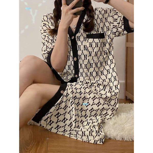Letter Print Ribbed Pajama Robe Comfy Colorblock Short Cross-Border