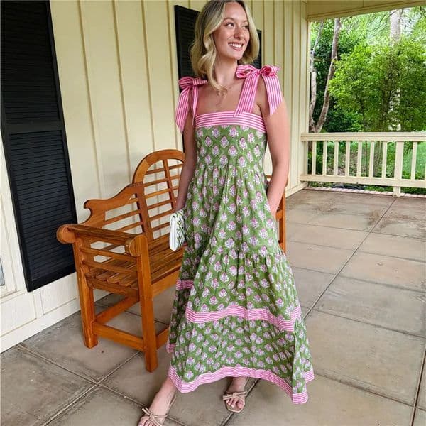 hirigin Women Summer Boho Maxi Dress Vintage Floral Tie Shoulder Flowy Long Dress Square Neck Ruffle Tiered Beach Sundress 260410