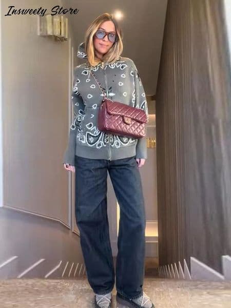Fashion Knit Printed Sweater Womens Stand Collar Long Sleeve Zippers Vintage Style Cardigan 2026 Spring Lady Casual Top 260413
