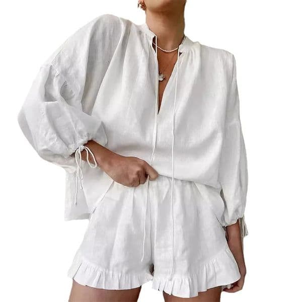 Summer Womens Suit 2-piece Sets For Women Long Puff Sleeves Blouse Loose V-neck Lace Up Summer Outfits Ruffle Shorts Sets 260410