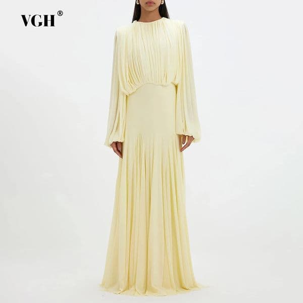 VGH Yellow Dinner Loose Folds Maxi Dresses for Women O Neck Shoulder Pud High Waist Temperament Dress Female Fashion Clothing 260413