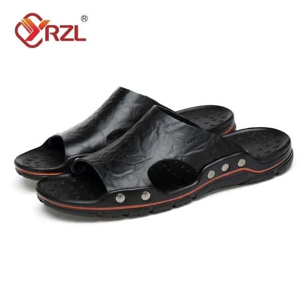 YRZL Mens Sandals PU Leather Classic Summer Men Slippers Soft Black Big Size Lightweight EVA Slides for 260413