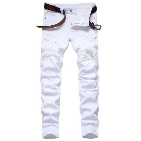 Mens Slim Jeans White Motorcycle Trendy Casual Patchwork Denim Trousers Fashion Tight Folding Male Pants without Belt 260410