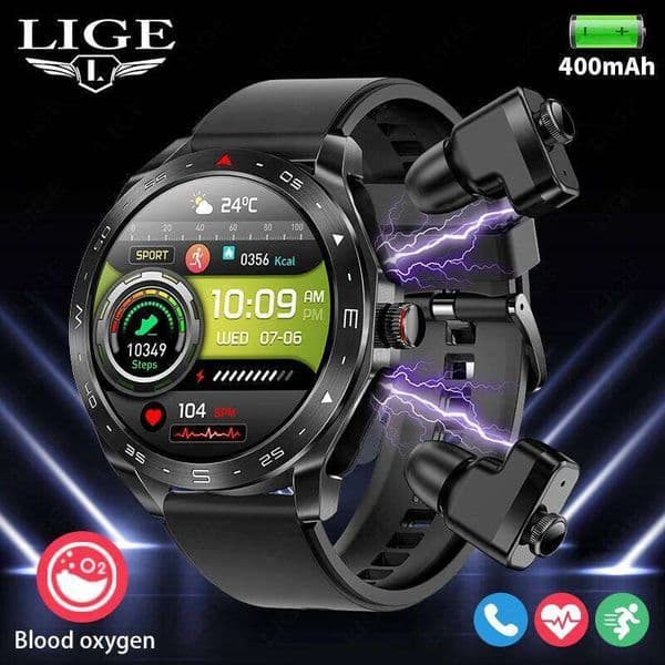 LIGE With Earbuds Bluetooth Headset Smartwatch Women Speaker Tracker Music Sport Men Waterproof Smart Watch AMOLED Screen 26Y0413