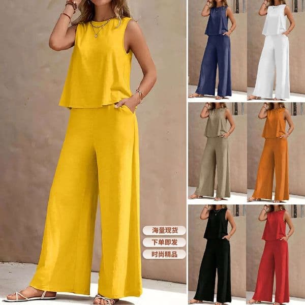 Amazon Fashion Cross-Border Hot-Selling Solid Color Elegant Two-Piece Set Round Neck Vest and Wide-Leg Pants Outfit for Women