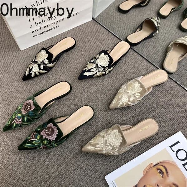 2026 Summers Embroidery Women Mules Slippers Fashion Elegant Pointed Toe Slides Shoes Ladies Dress Flats Sandalias 260410