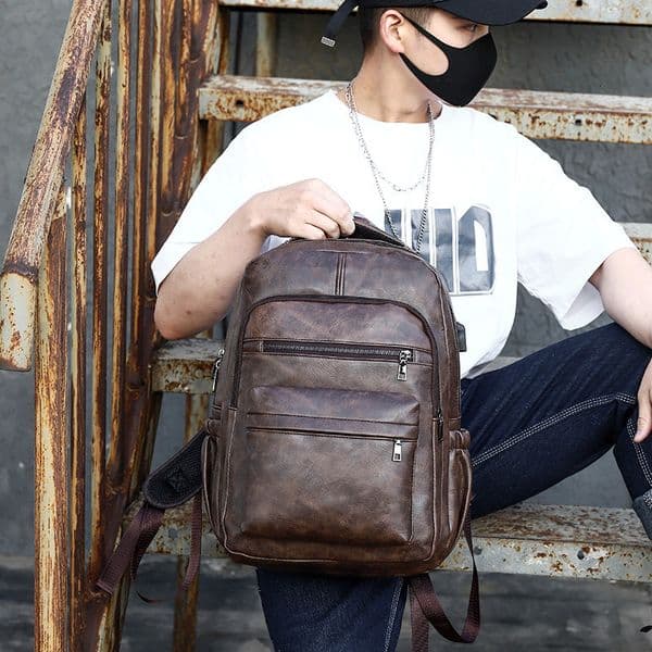 Double Shoulder Bag Men Korean Style PU Leather Student Multifunctional Waterproof Outdoor Laptop Backpack