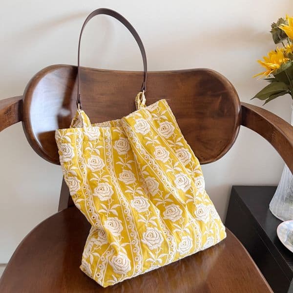 New Heavy Industry Embroidery Flower Bag Yellow Rose Shoulder Bag Tote Bag Daily Portable Cotton Bag Leather Rope Bag