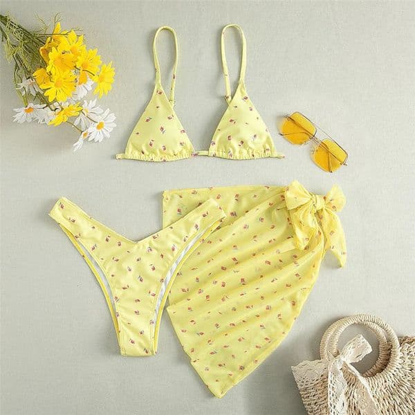 Yellow Floral Print Swimwear Mesh Cove Ups 3 Piece Bikini Set Damen Sexy Swimsuit Women 2026 Beach Wear Bikinis Swimming 260413BJ