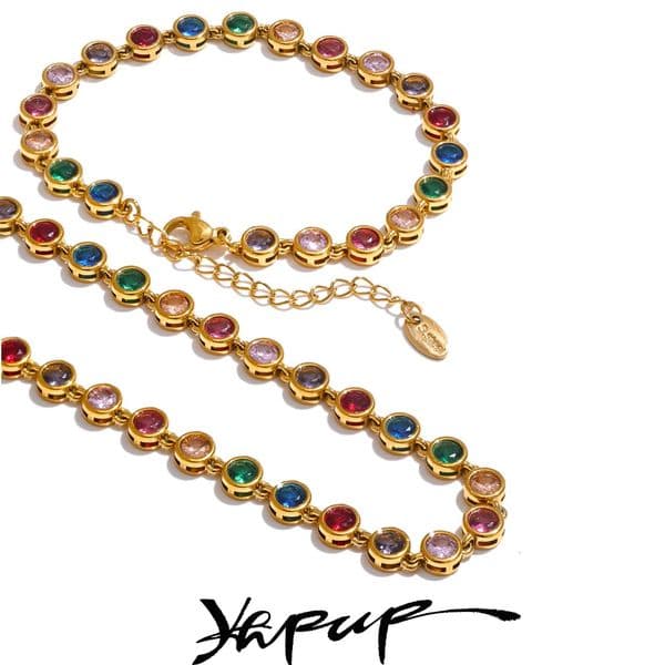 Yhpup Exquisite Colorful Cubic Zirconia y Cast Chain Necklace Bracelet for Women Stainless Steel Waterproof Jewelry Gift 260413