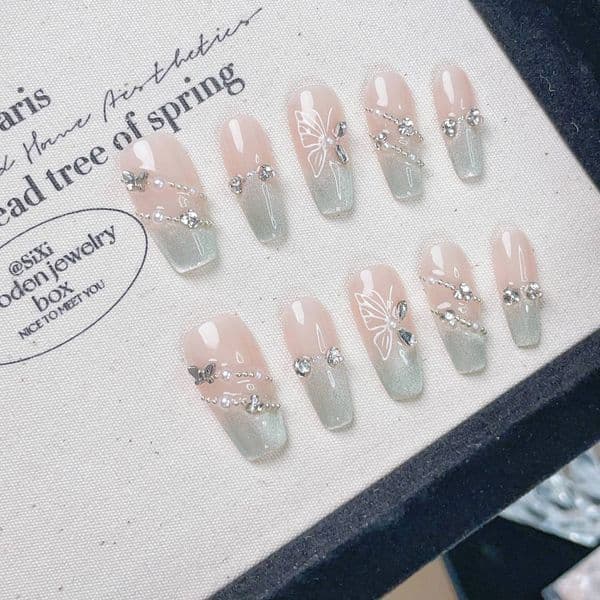 Mint Berman Handmade Wearable Nail Tips, Noble Fairy-Like, Gentle Cat Eye Butterfly Style, Versatile and Popular