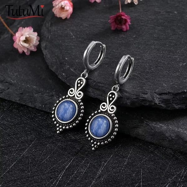 925 Sterling Silver Natural Kyanite Drop Earrings for Women Wedding Gifts Jewelry Vintage Hoop Earrings260410